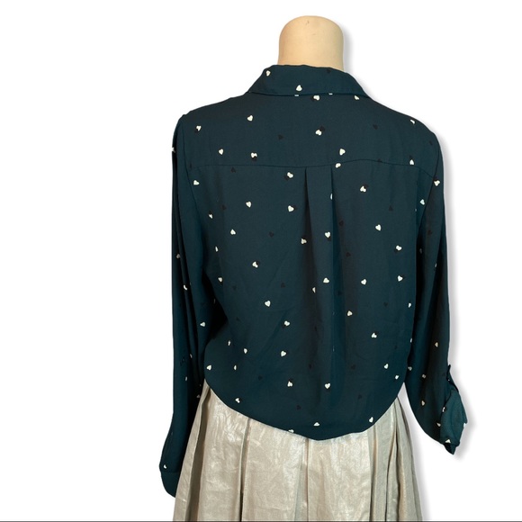 Dark Teal Green Button Down Blouse w/ Heart Print - Picture 3 of 6